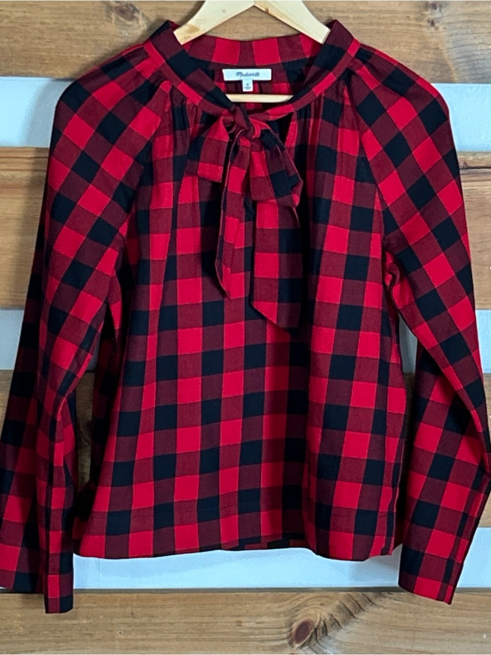 Madewell Black & Red Checkboard Plaid Puff Long Sleeve Women's Neck Tie Size M